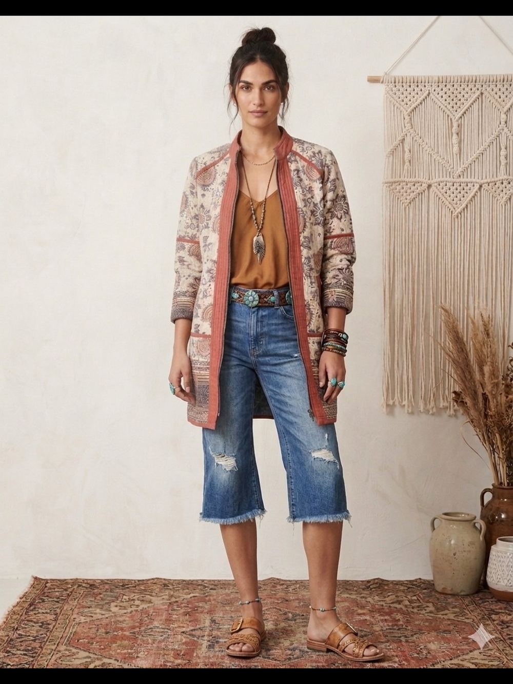 Free People Printed Quilted Reversible Coatigan in Cream and Rust
